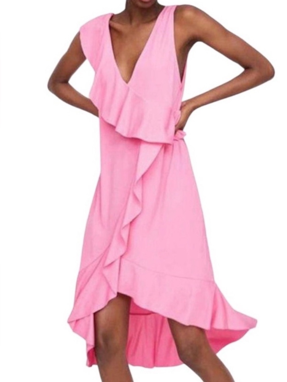 ZARA Bubblegum Pink Ruffle Asymmetrical Stretch Dress Sz Large